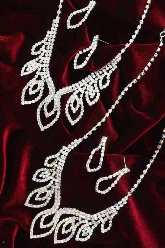 Peacock Feather Rhinestone Necklace and Earrings Set