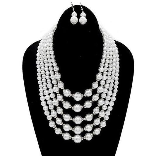 Five Layer Faux Pearl Vintage Style Necklace and matching Earrings Set